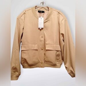 NWT Merokeety Women’s Cropped‎ Snap Front Crew Neck Bomber Jacket Khaki Size XL